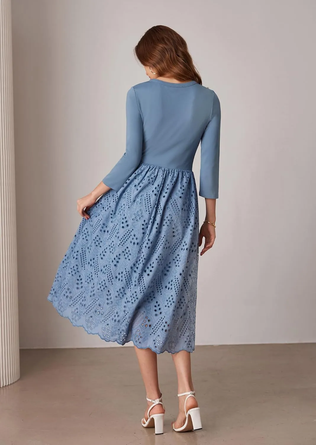 GRACE KARIN Womens Summer 3/4 Sleeve Dress with Pockets A Line Midi Eyelet Dress Empire Waist Casual Fall Flowy Dress