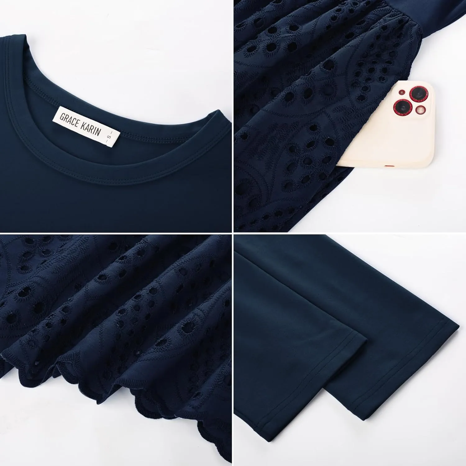 GRACE KARIN Womens Summer 3/4 Sleeve Dress with Pockets A Line Midi Eyelet Dress Empire Waist Casual Fall Flowy Dress