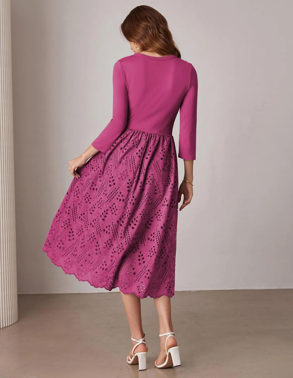 GRACE KARIN Womens Summer 3/4 Sleeve Dress with Pockets A Line Midi Eyelet Dress Empire Waist Casual Fall Flowy Dress