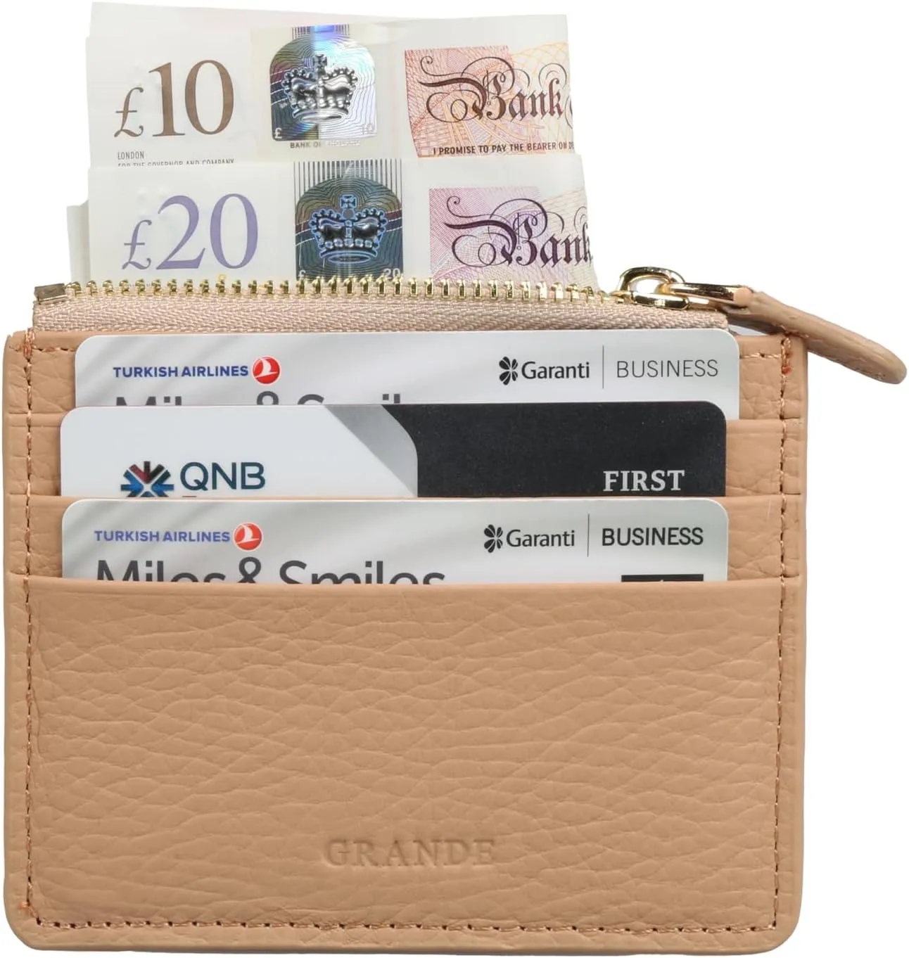 grande 3603 Genuine Leather Card Holder For Women and Men Slim Minimalist Small Zipper Wallet (COOKIE)