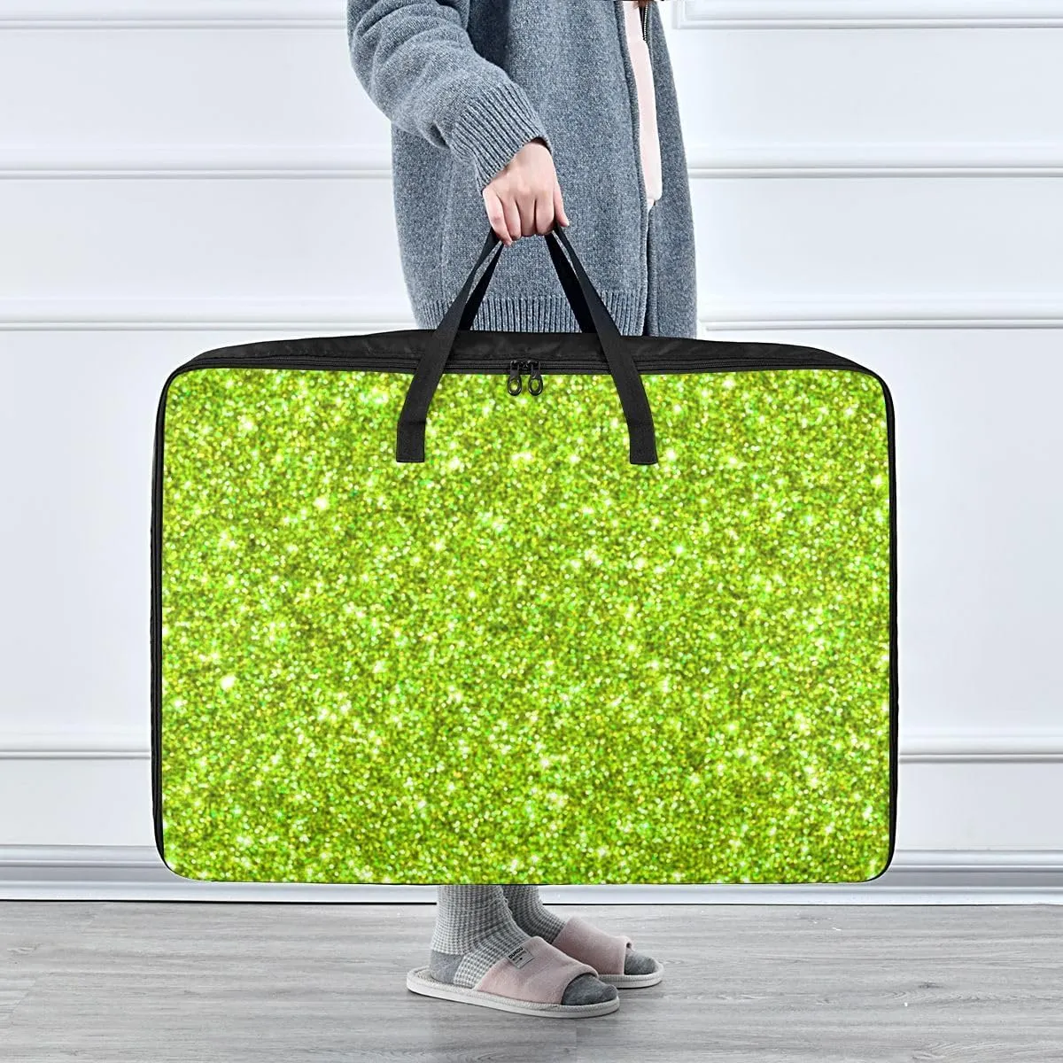 Green Sparkle Glitter Storage Bag, 27.5x19.7x11 In, Reusable and Sustainable Collapsible Storage Totes for Storing, Camping, Packing and Moving Supplies
