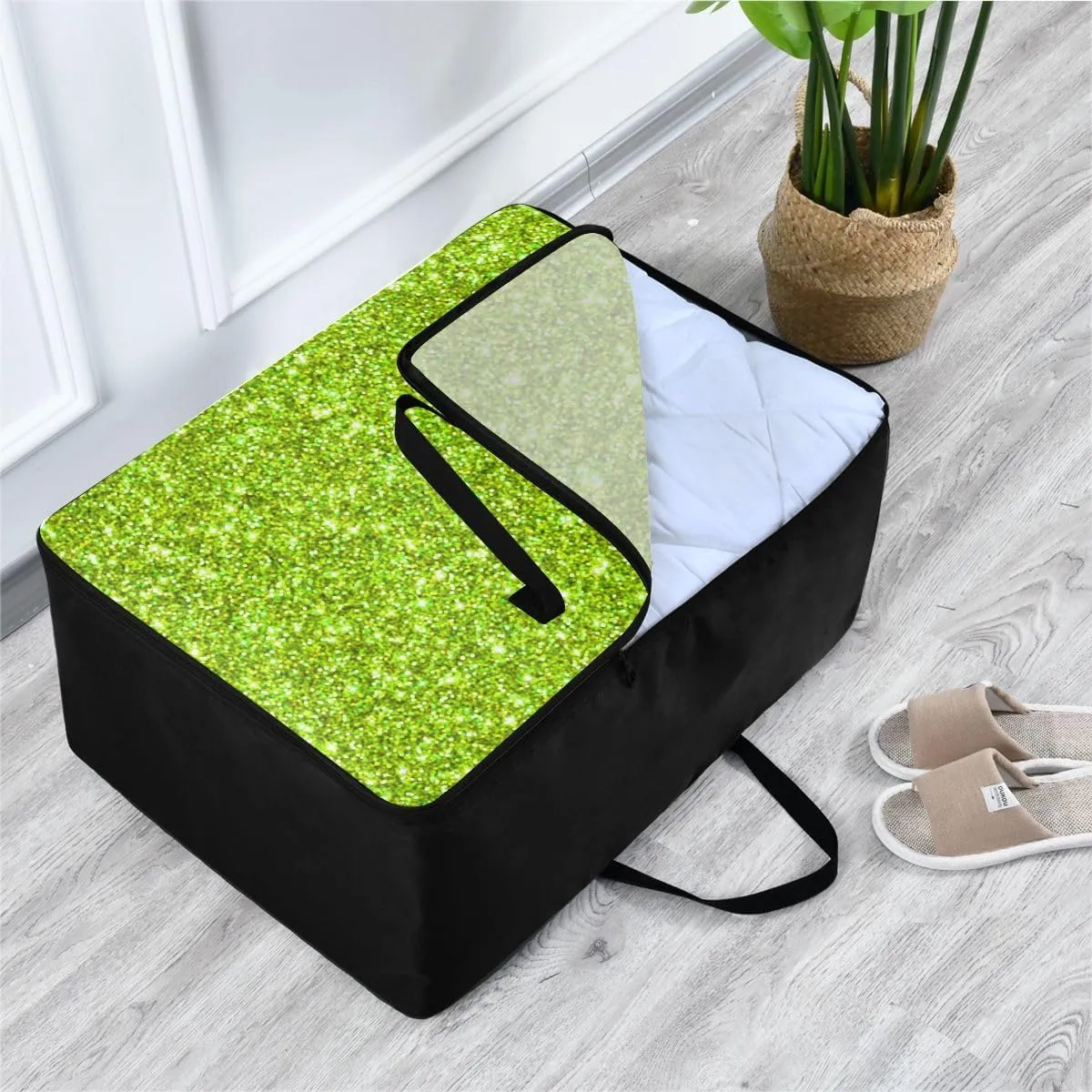 Green Sparkle Glitter Storage Bag, 27.5x19.7x11 In, Reusable and Sustainable Collapsible Storage Totes for Storing, Camping, Packing and Moving Supplies