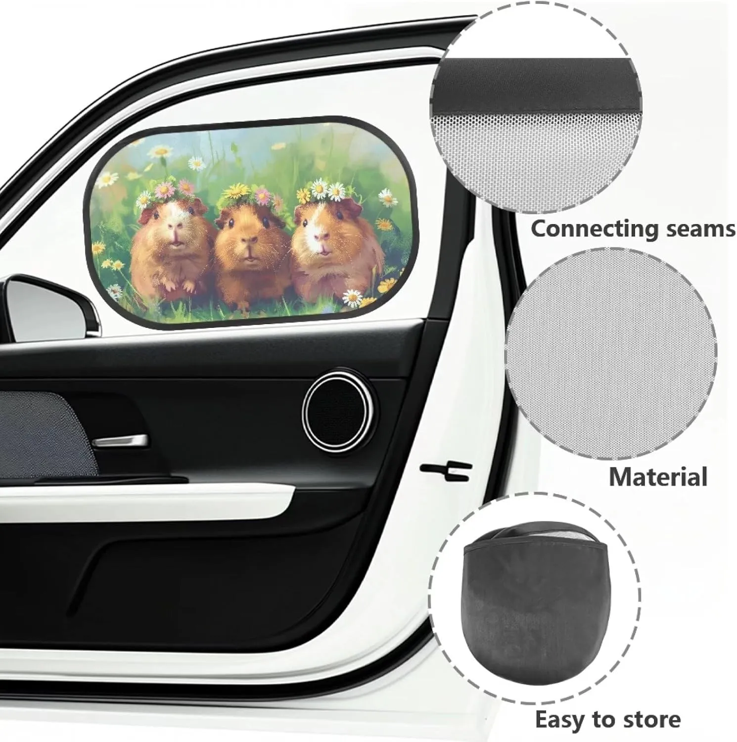 Guinea Pig Daisy Car Sun Shade for Baby Kids 2 Pack Cling Side Window Car Rear Sunshades Universal with Storage Bag Sun Glare and UV Rays Protection