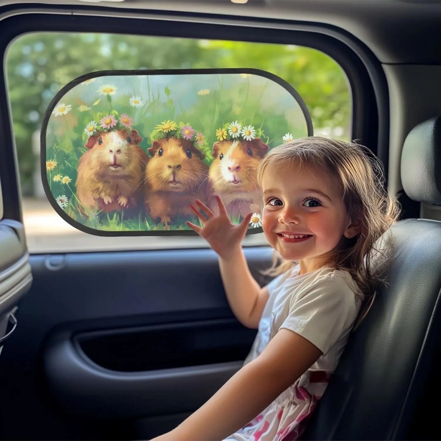 Guinea Pig Daisy Car Sun Shade for Baby Kids 2 Pack Cling Side Window Car Rear Sunshades Universal with Storage Bag Sun Glare and UV Rays Protection