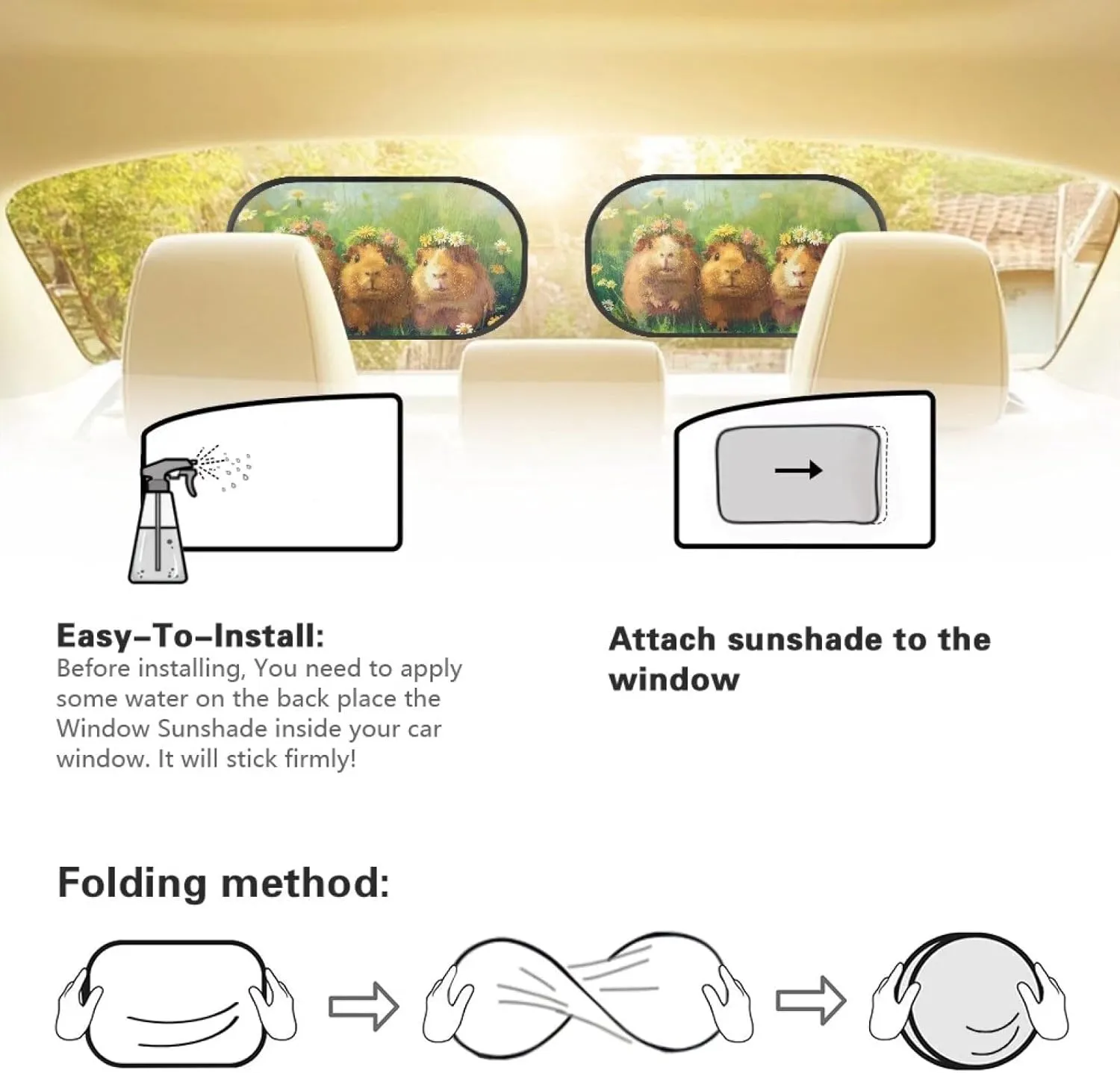 Guinea Pig Daisy Car Sun Shade for Baby Kids 2 Pack Cling Side Window Car Rear Sunshades Universal with Storage Bag Sun Glare and UV Rays Protection
