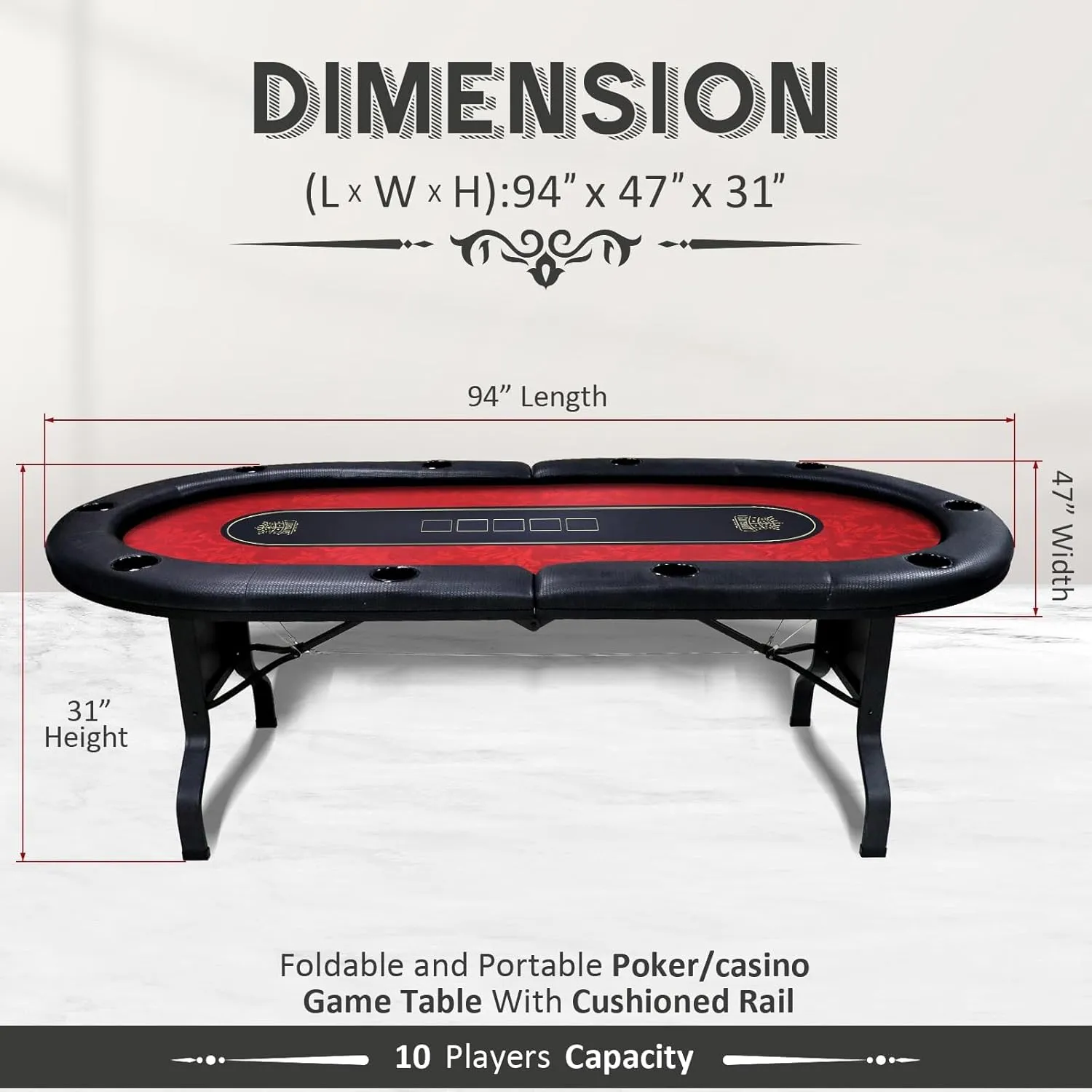 GUTSHOT Foldable Poker Table for 10 Players with 10 Chairs and Poker Chips Set - Premium Soft-Padded Armrest, Individual Cup Holders- Crafted with Durable Materials, Long-Lasting Poker Table