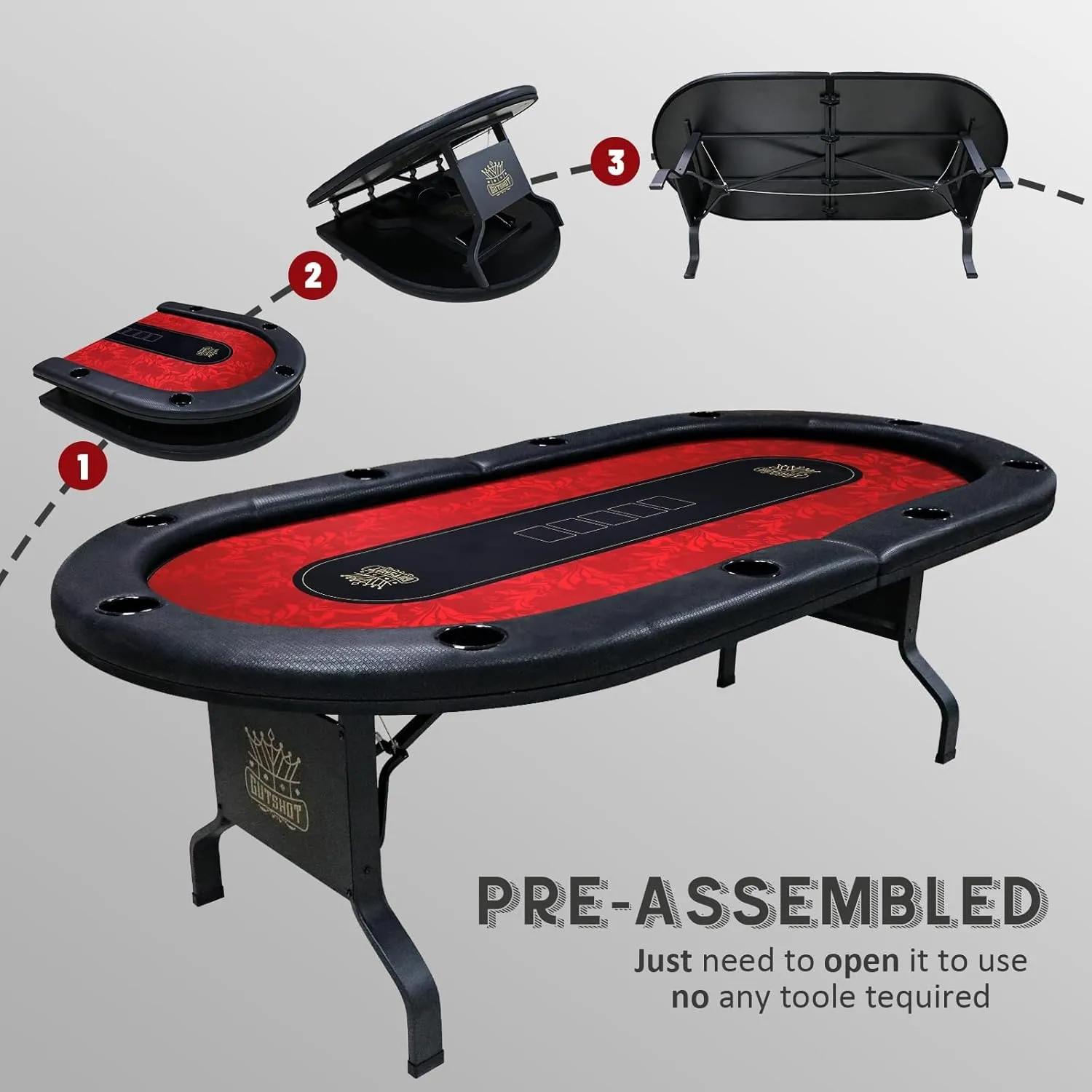 GUTSHOT Foldable Poker Table for 10 Players with 10 Chairs and Poker Chips Set - Premium Soft-Padded Armrest, Individual Cup Holders- Crafted with Durable Materials, Long-Lasting Poker Table