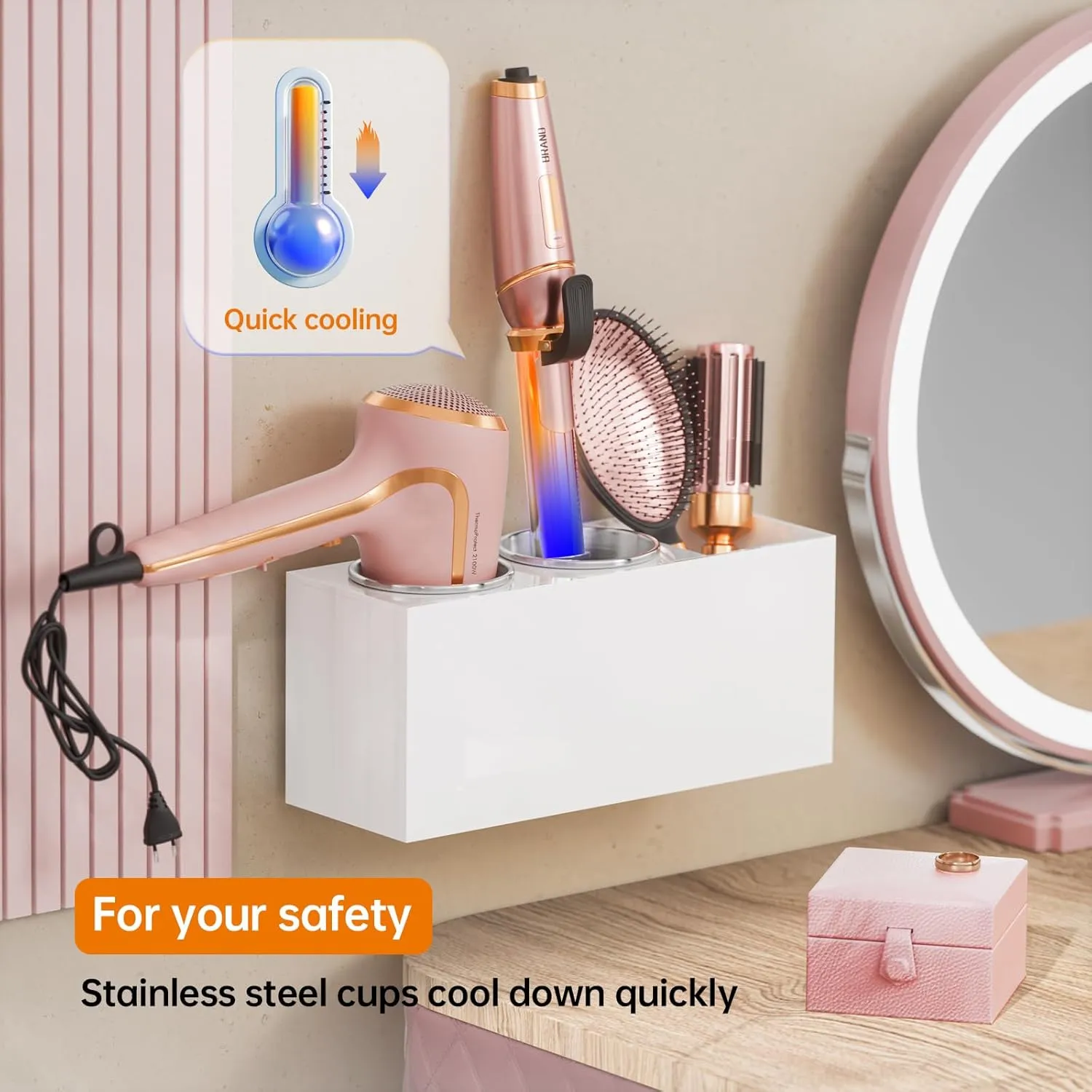 Hair Tool Organizer Acrylic: Hair Dryer Holder Wall Mount - Blow Dryer Holder Cabinet Door - Bathroom Countertop Organizer for Curling iron Hot Styling Tools Flat Iron - White