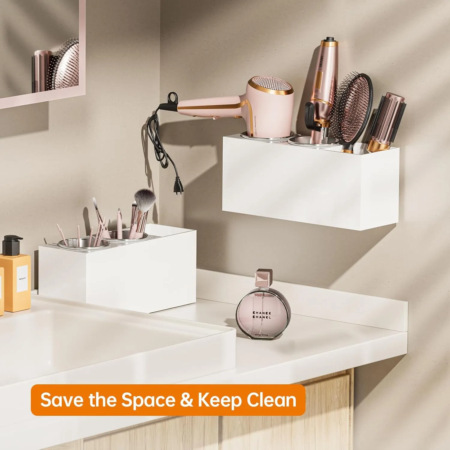 Hair Tool Organizer Acrylic: Hair Dryer Holder Wall Mount - Blow Dryer Holder Cabinet Door - Bathroom Countertop Organizer for Curling iron Hot Styling Tools Flat Iron - White