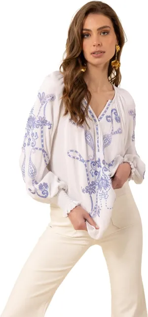 Hale Bob Jemma Long Sleeve Top, Blue, Embroidered Gauze, Smocked Cuff