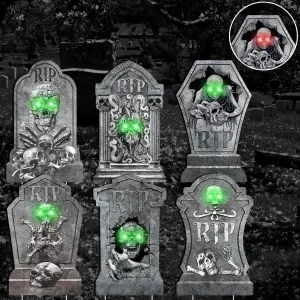 Halloween Decorations Tombstones,6Pcs Rip Gravestones with 13.7'' Stakes Graveyard Headstone Signs with 12 Red Lights &12 Green Lights for Outdoor Outside Party Yard Lawn Garden Cemetery Scary Decor