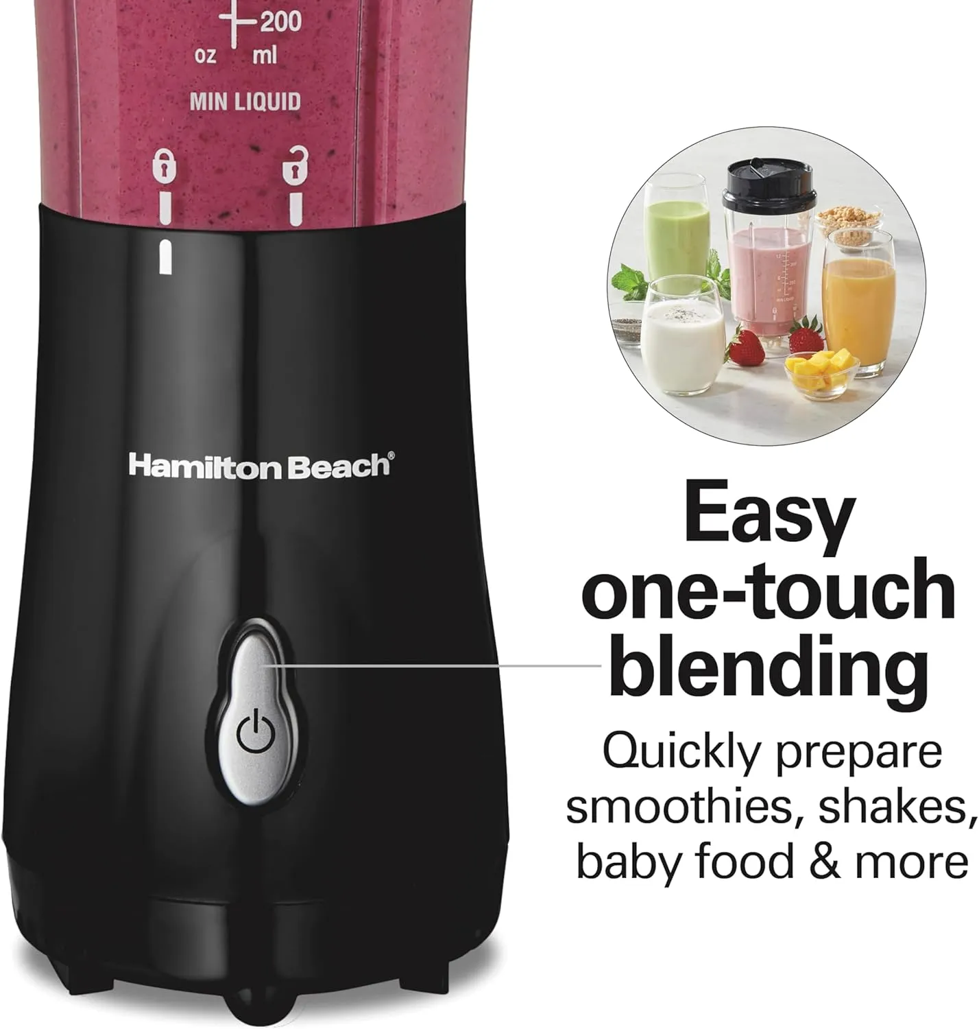 Hamilton Beach Portable Blender for Shakes and Smoothies with 14 Oz BPA Free Travel Cup and Lid, Durable Stainless Steel Blades for Powerful Blending Performance, Black (51101AG)