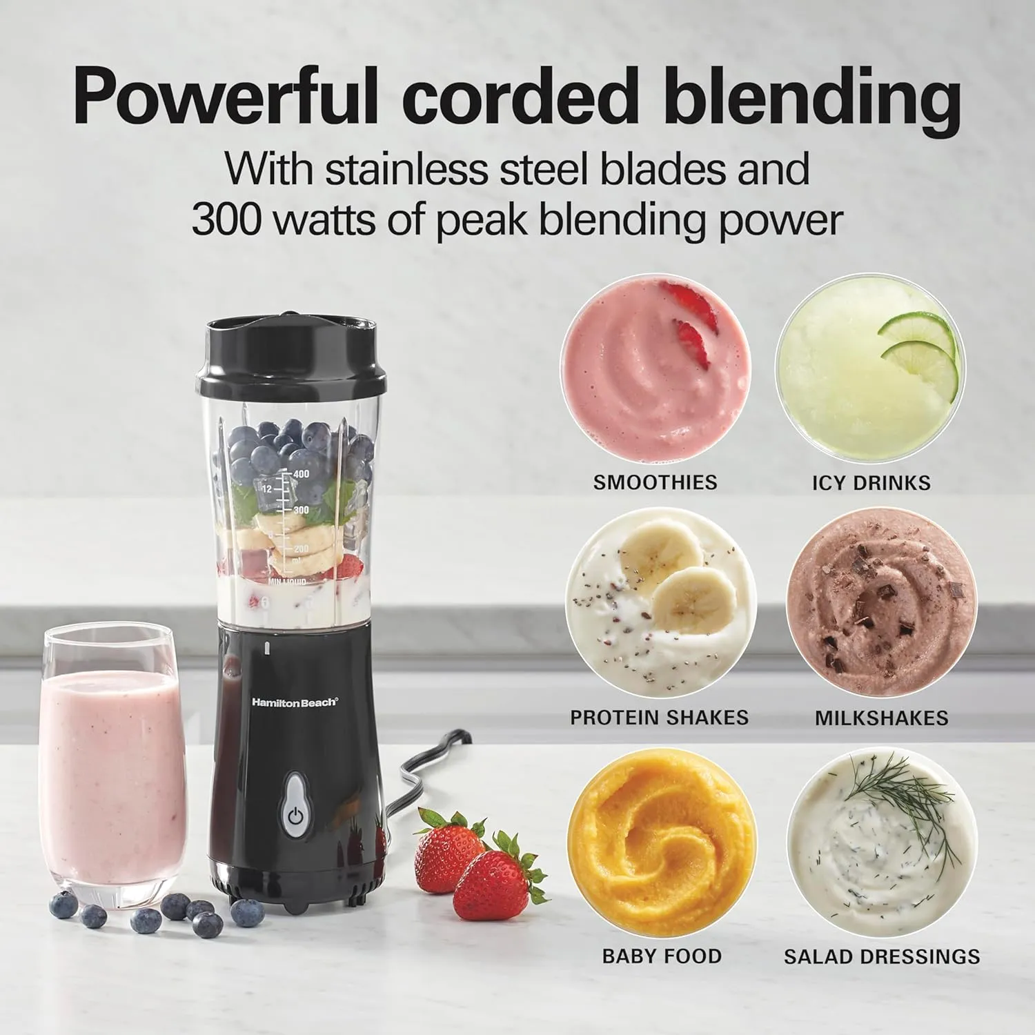 Hamilton Beach Portable Blender for Shakes and Smoothies with 14 Oz BPA Free Travel Cup and Lid, Durable Stainless Steel Blades for Powerful Blending Performance, Black (51101AG)