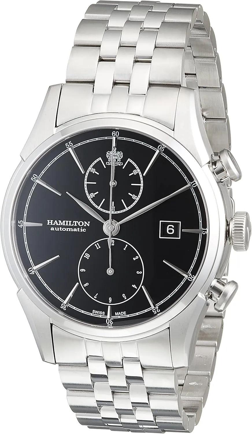 Hamilton Watch American Classic Spirit of Liberty Auto Chrono | Swiss Made | 42mm Stainless Steel Case | Black Dial Analog Watch | Silver Stainless Steel Bracelet (Model: H32416131)