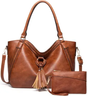 Handbag Fringed Braided Rope Tote Bag Shoulder Bag Tote 2 Pcs Set with Long Strap-Gray