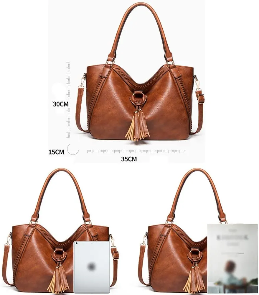 Handbag Fringed Braided Rope Tote Bag Shoulder Bag Tote 2 Pcs Set with Long Strap-Gray