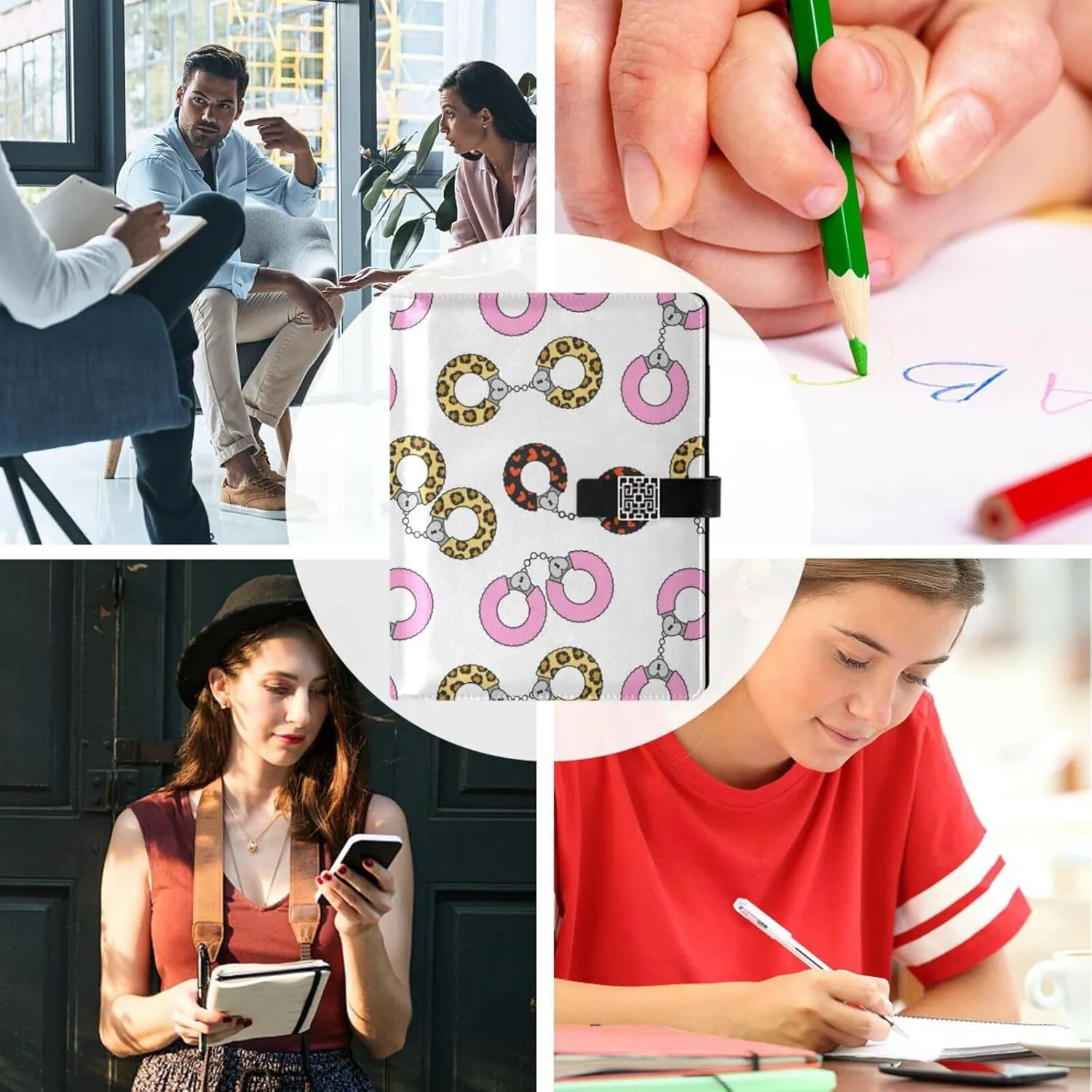Handcuffs Leopard Print PU Leather Notebook Binder A5 6 Ring Refillable Journal with Magnetic Buckle Closure Travel Planner Notebook Binder for Business Cards,Office,