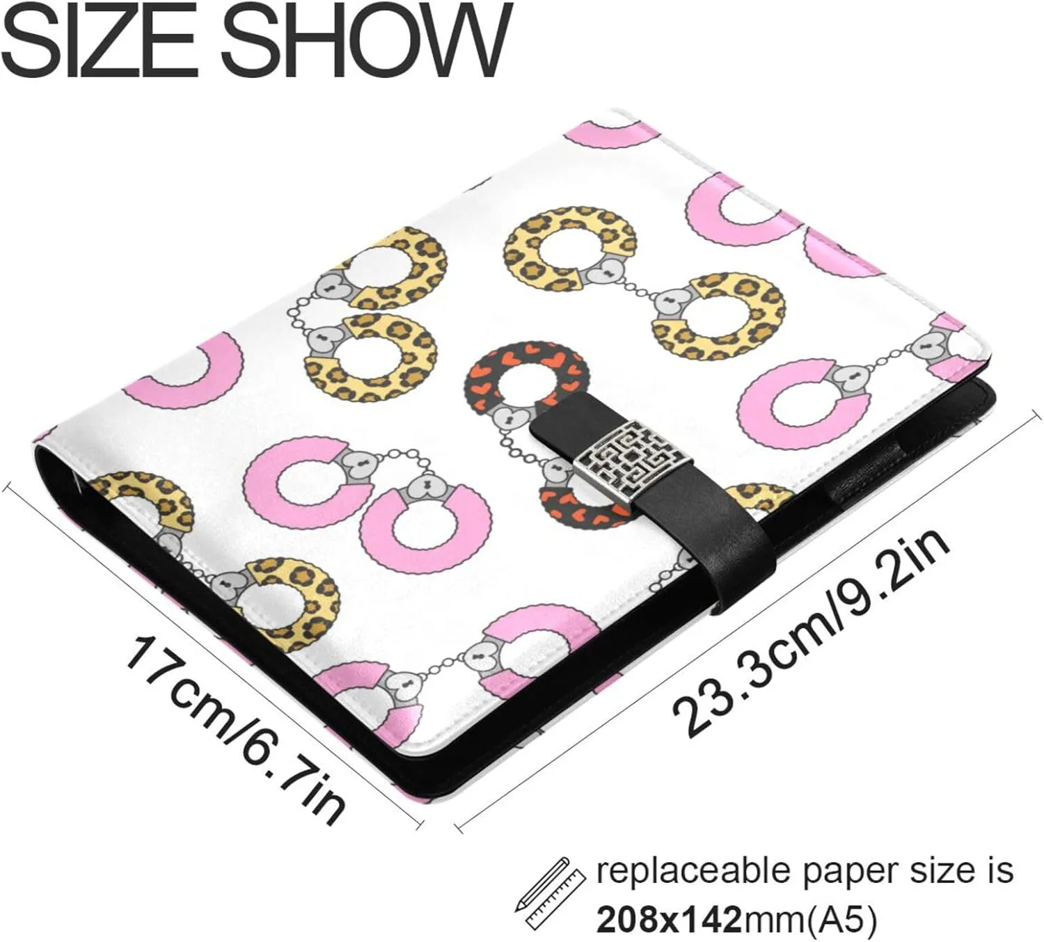 Handcuffs Leopard Print PU Leather Notebook Binder A5 6 Ring Refillable Journal with Magnetic Buckle Closure Travel Planner Notebook Binder for Business Cards,Office,
