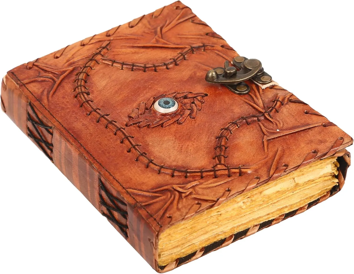 Handmade Leather Journal, Brown, Hocus Pocus Spell Eye Design, Genuine Leather Notebook Diary, Sketchbook with Brass Clasp Lock, Embossed Journal for Men & Women, Office Journal Deckle Edge