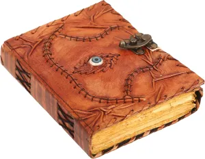 Handmade Leather Journal, Brown, Hocus Pocus Spell Eye Design, Genuine Leather Notebook Diary, Sketchbook with Brass Clasp Lock, Embossed Journal for Men & Women, Office Journal Deckle Edge
