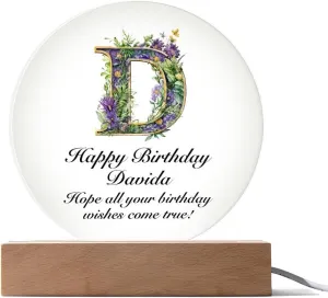 Happy Birthday Davida v02 - Circle Acrylic Plaque With LED Lights Personalized Name, Transparent
