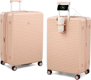Hard Shell Suitcases Expandable Luggage 28 Inch, Large Checked Luggage Check In Travel Luggage with Spinner Wheels Cup Holder Charger Built in Lightweight Suitcase, Pink