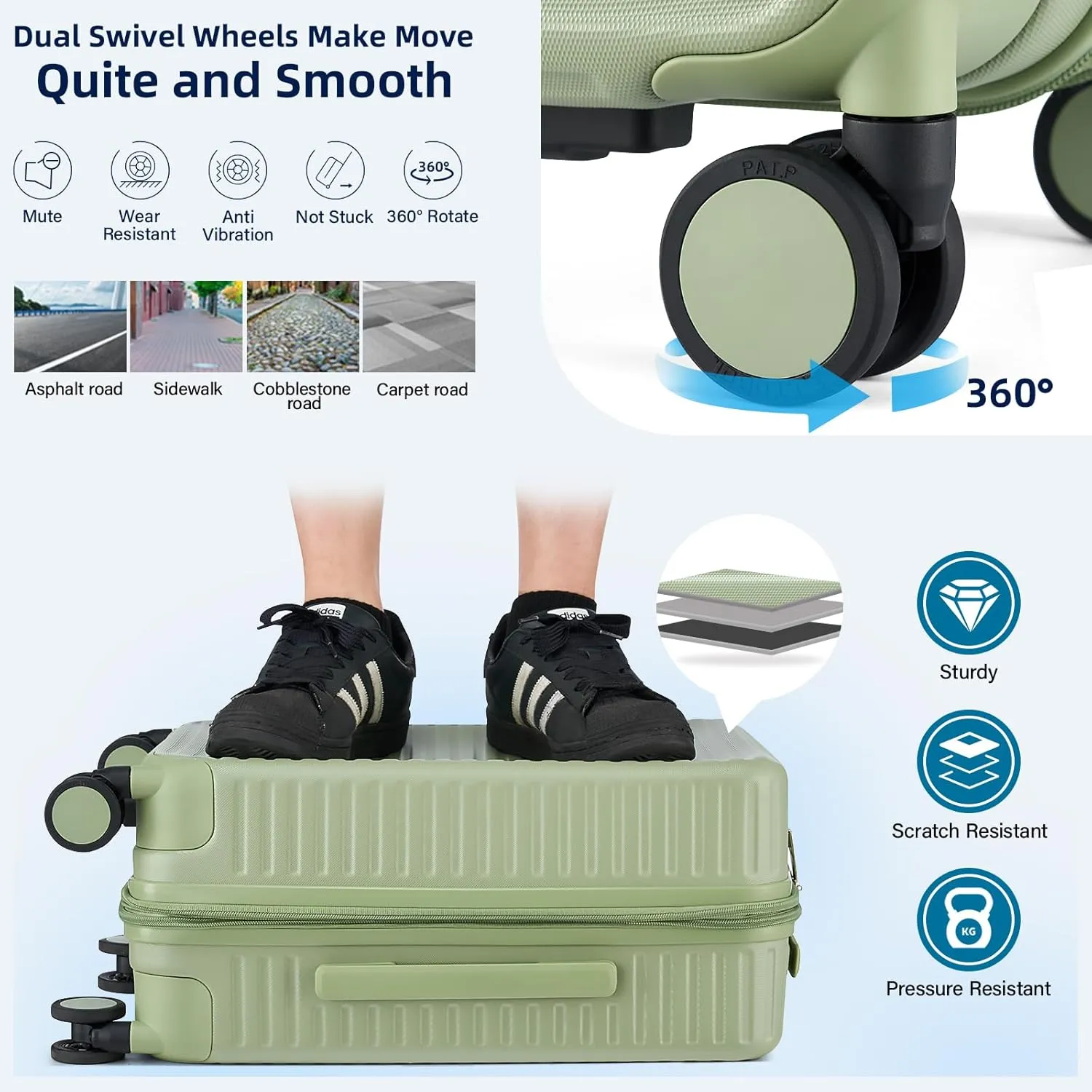 Hard Shell Suitcases Expandable Travel Luggage Sets 3 Piece, Carry on and Check in 3 Piece Luggage Suitcase Sets with Spinner Wheels Cup Holder Charger Built in (Bamboo Green, 20/24/28)