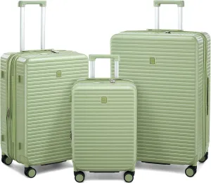 Hard Shell Suitcases Expandable Travel Luggage Sets 3 Piece, Carry on and Check in 3 Piece Luggage Suitcase Sets with Spinner Wheels Cup Holder Charger Built in (Bamboo Green, 20/24/28)