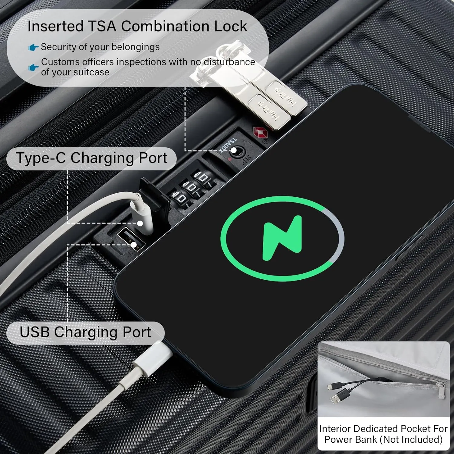 Hard Shell Suitcases Expandable Travel Luggage Sets 3 Piece, Carry on and Check in 3 Piece Luggage Suitcase Sets with Spinner Wheels Cup Holder Charger Built in (Black, 20/24/28)