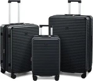 Hard Shell Suitcases Expandable Travel Luggage Sets 3 Piece, Carry on and Check in 3 Piece Luggage Suitcase Sets with Spinner Wheels Cup Holder Charger Built in (Black, 20/24/28)