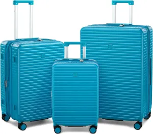 Hard Shell Suitcases Expandable Travel Luggage Sets 3 Piece, Carry on and Check in 3 Piece Luggage Suitcase Sets with Spinner Wheels Cup Holder Charger Built in (Caribbean Blue, 20/24/28)