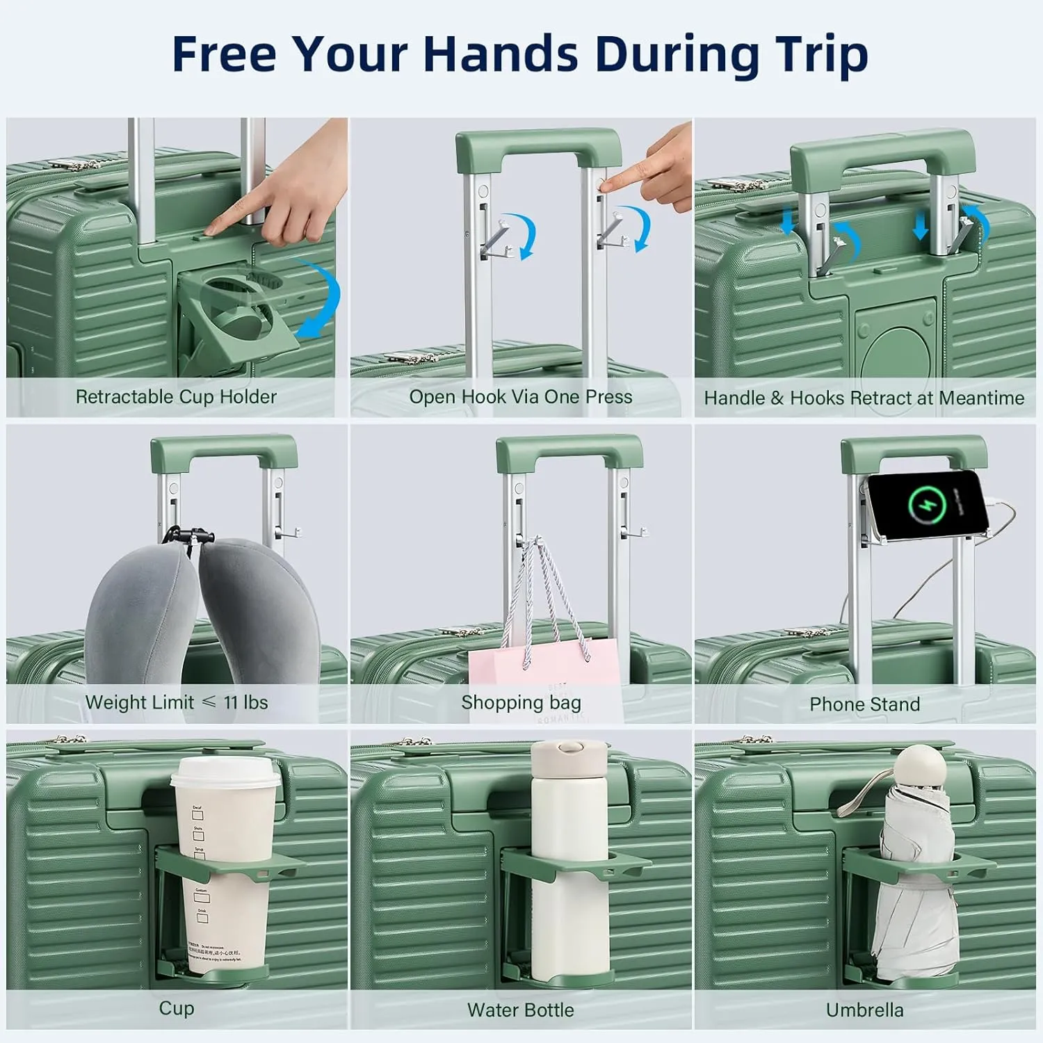 Hard Shell Suitcases Expandable Travel Luggage Sets 3 Piece, Carry on and Check in 3 Piece Luggage Suitcase Sets with Spinner Wheels Cup Holder Charger Built in (Forest Green, 20/24/28)