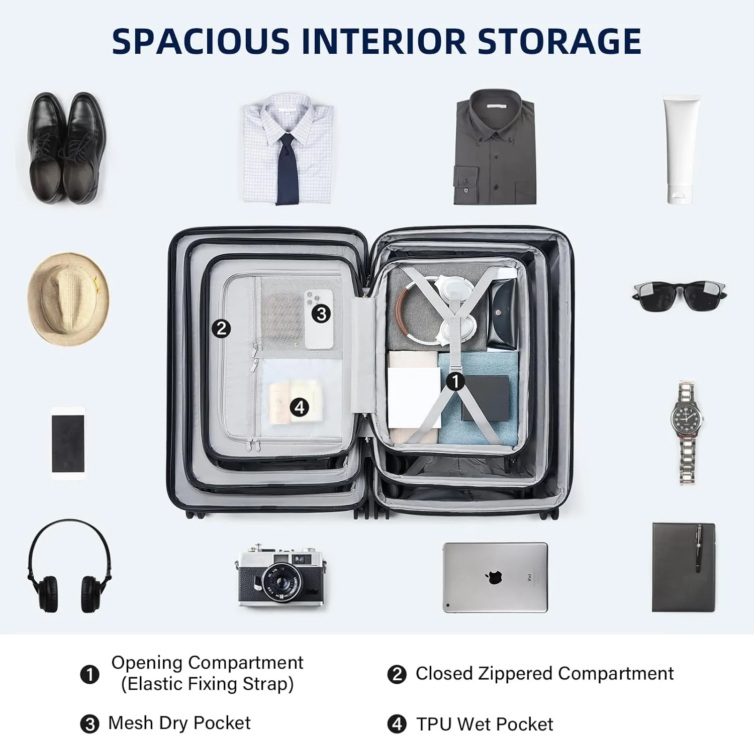 Hard Shell Suitcases Expandable Travel Luggage Sets 3 Piece, Carry on and Check in 3 Piece Luggage Suitcase Sets with Spinner Wheels Cup Holder Charger Built in (Interstellar Blue, 20/24/28)