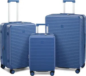 Hard Shell Suitcases Expandable Travel Luggage Sets 3 Piece, Carry on and Check in 3 Piece Luggage Suitcase Sets with Spinner Wheels Cup Holder Charger Built in (Interstellar Blue, 20/24/28)