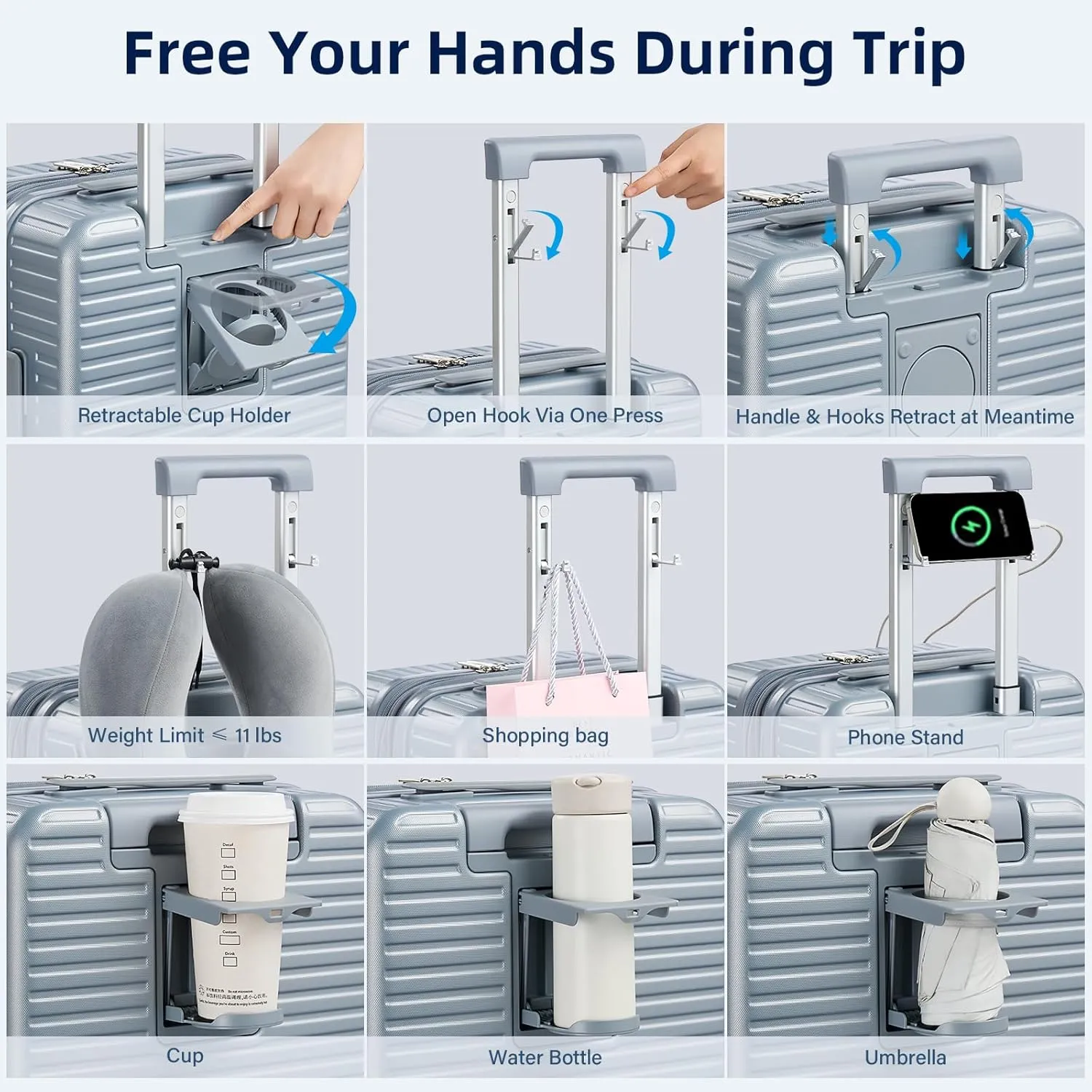 Hard Shell Suitcases Expandable Travel Luggage Sets 3 Piece, Carry on and Check in 3 Piece Luggage Suitcase Sets with Spinner Wheels Cup Holder Charger Built in (Silver, 20/24/28)