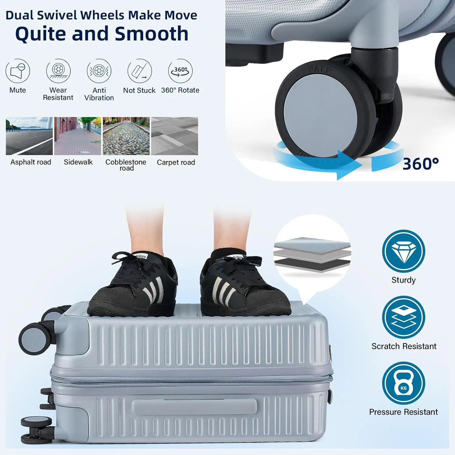 Hard Shell Suitcases Expandable Travel Luggage Sets 3 Piece, Carry on and Check in 3 Piece Luggage Suitcase Sets with Spinner Wheels Cup Holder Charger Built in (Silver, 20/24/28)