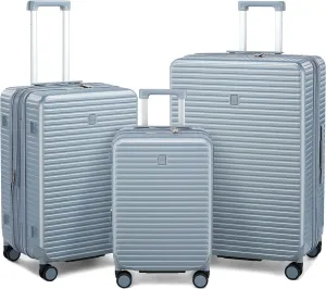 Hard Shell Suitcases Expandable Travel Luggage Sets 3 Piece, Carry on and Check in 3 Piece Luggage Suitcase Sets with Spinner Wheels Cup Holder Charger Built in (Silver, 20/24/28)