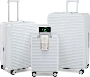 Hard Shell Suitcases Expandable Travel Luggage Sets 3 Piece, Carry on and Check in 3 Piece Luggage Suitcase Sets with Spinner Wheels Cup Holder Charger Built in (White, 20/24/28)