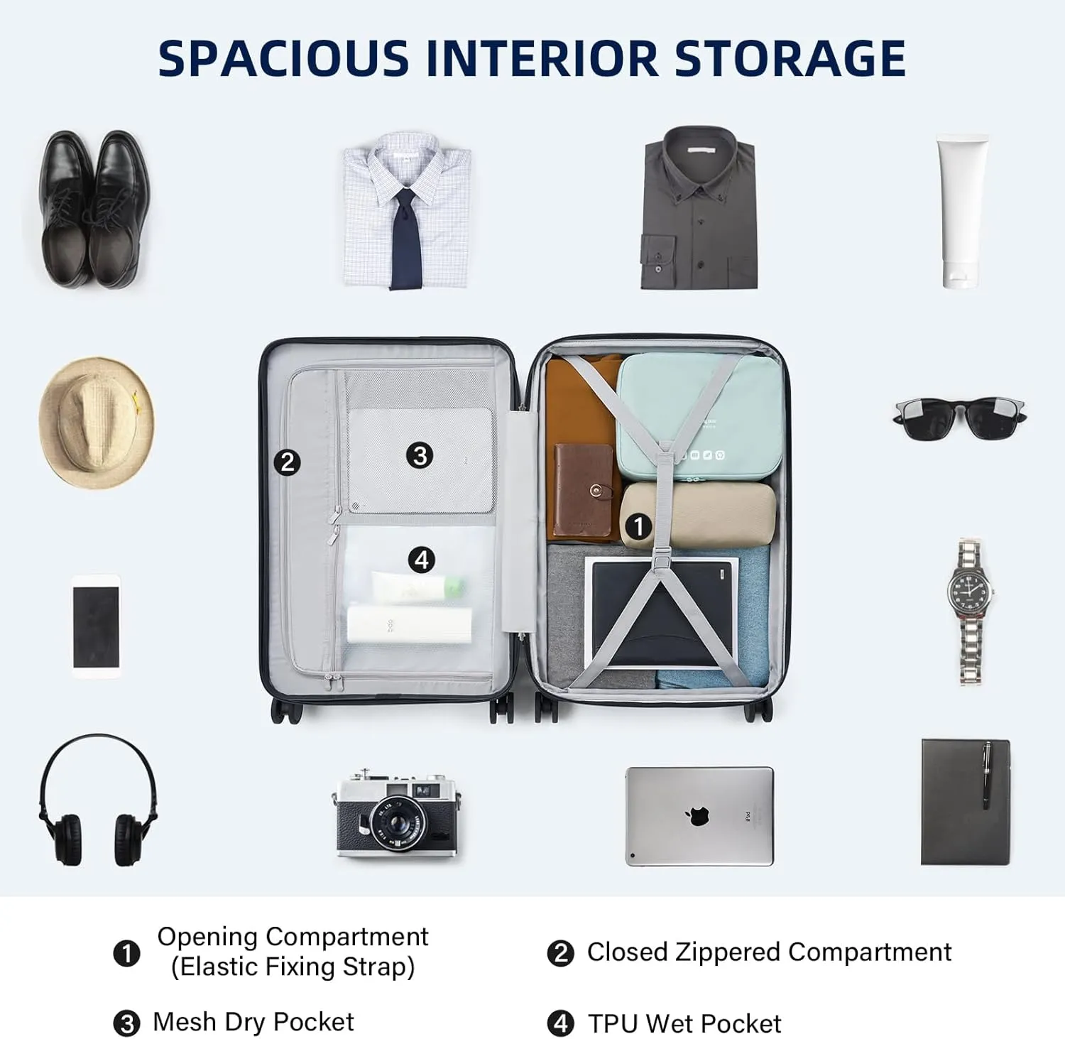 Hard Shell Suitcases Travel Expandable Luggage, 24 Inch Check in Luggage with Spinner Wheels Cup Holder Charger Built in, Checked Medium Suitcase Lightweight Suitcases, Interstellar Blue