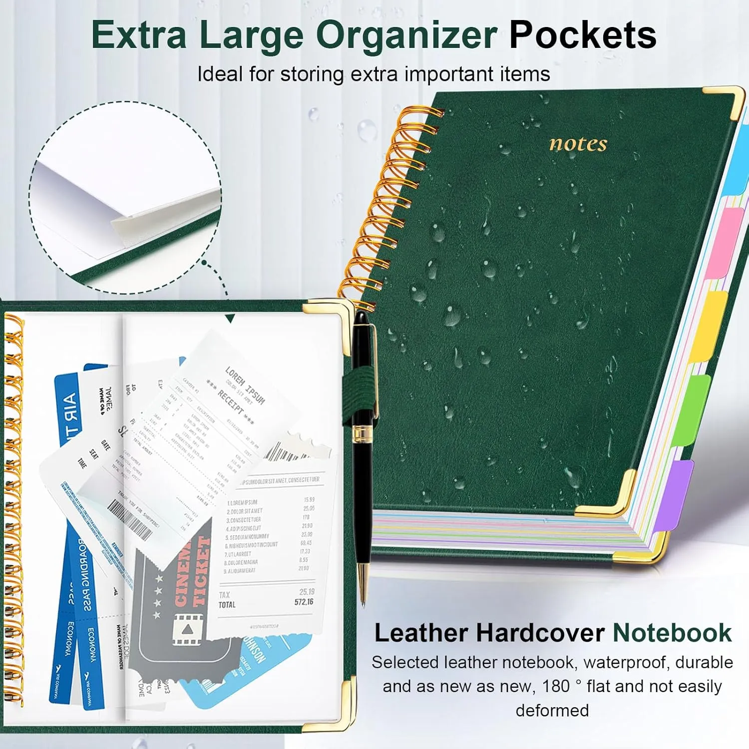 Hardcover Spiral Notebook 8"x10" Journal Notebook with Tabs and Removable Dividers 300 Pages 5 Subject Notebook College Ruled, Faux Leather Spiral Bound Notebook for Women, Students, School Work