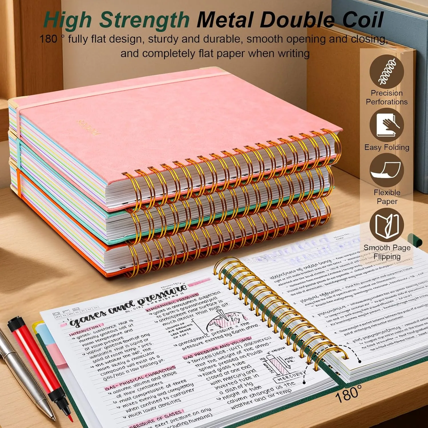 Hardcover Spiral Notebook 8"x10" Journal Notebook with Tabs and Removable Dividers 300 Pages 5 Subject Notebook College Ruled, Faux Leather Spiral Bound Notebook for Women, Students, School Work