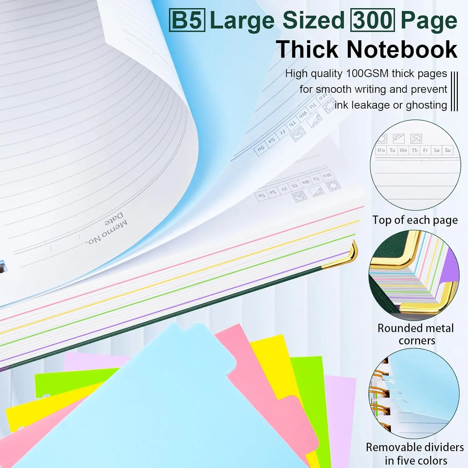 Hardcover Spiral Notebook 8"x10" Journal Notebook with Tabs and Removable Dividers 300 Pages 5 Subject Notebook College Ruled, Faux Leather Spiral Bound Notebook for Women, Students, School Work