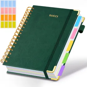 Hardcover Spiral Notebook 8"x10" Journal Notebook with Tabs and Removable Dividers 300 Pages 5 Subject Notebook College Ruled, Faux Leather Spiral Bound Notebook for Women, Students, School Work