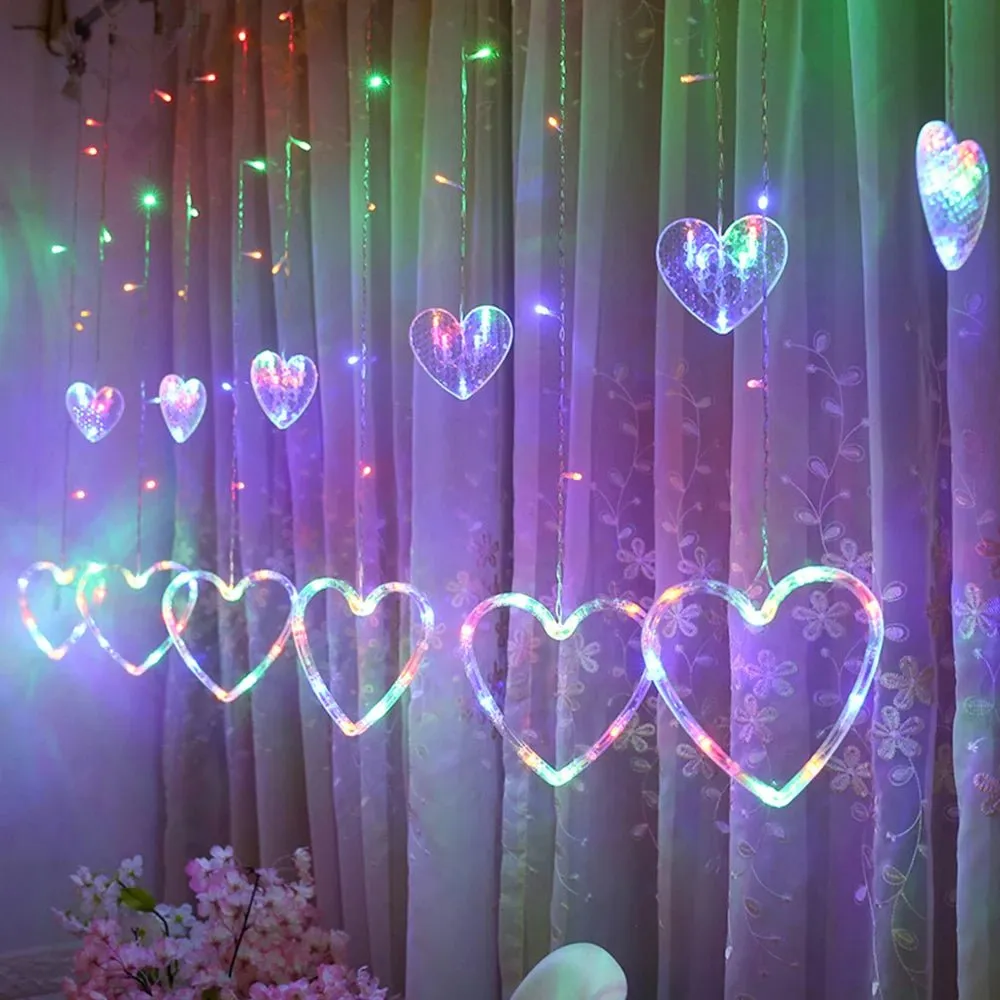 Heart-Shaped LED Curtain Lights – 3.5M Fairy Garland for Valentine’s Day, Weddings, Christmas, and Bedroom Party Decor (220V/110V)