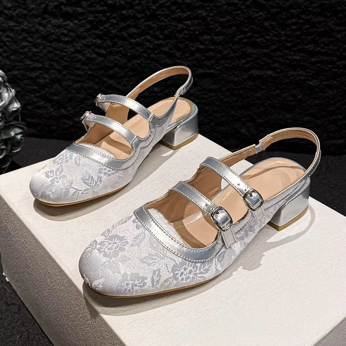Hee grand Mary Jane Shoes for Women Closed Square Toe Ankle Buckles Chunky Heels Comfortable Low Block Heel Office Work Pumps Satin Embroidered Dress Shoes Slingback Sandals
