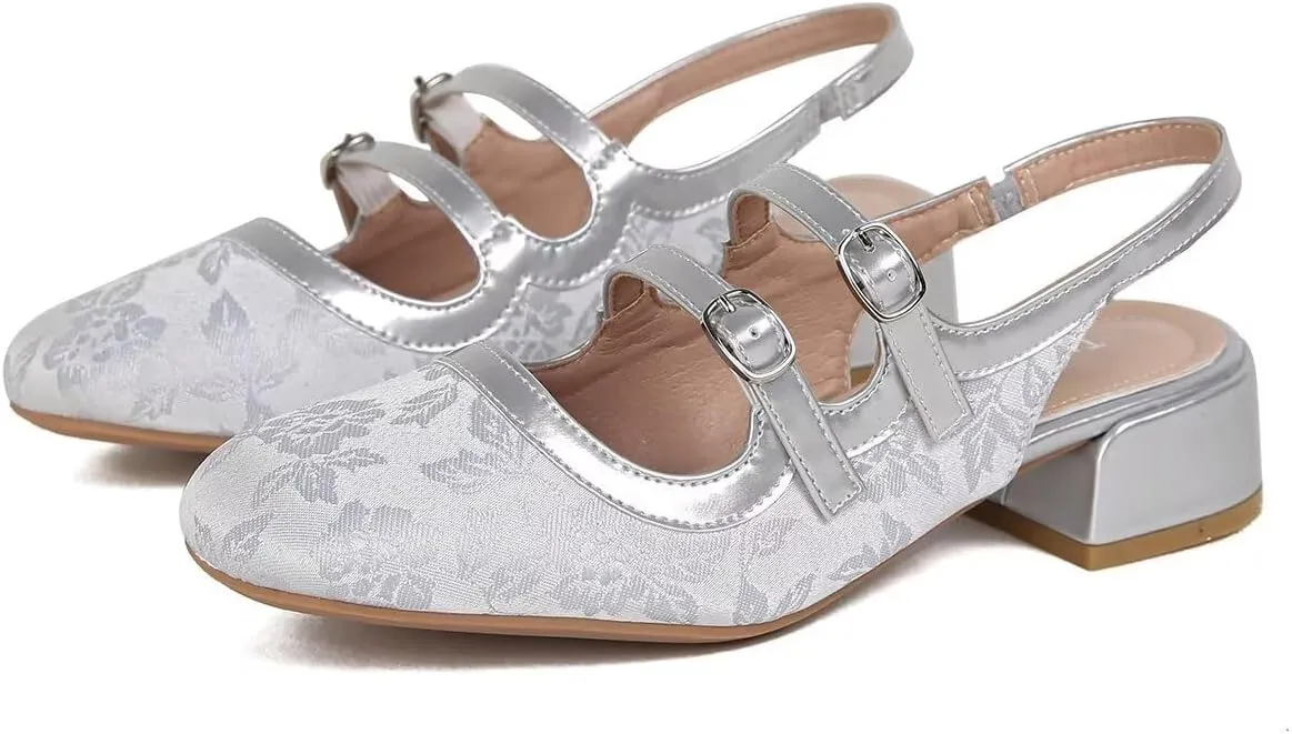 Hee grand Mary Jane Shoes for Women Closed Square Toe Ankle Buckles Chunky Heels Comfortable Low Block Heel Office Work Pumps Satin Embroidered Dress Shoes Slingback Sandals