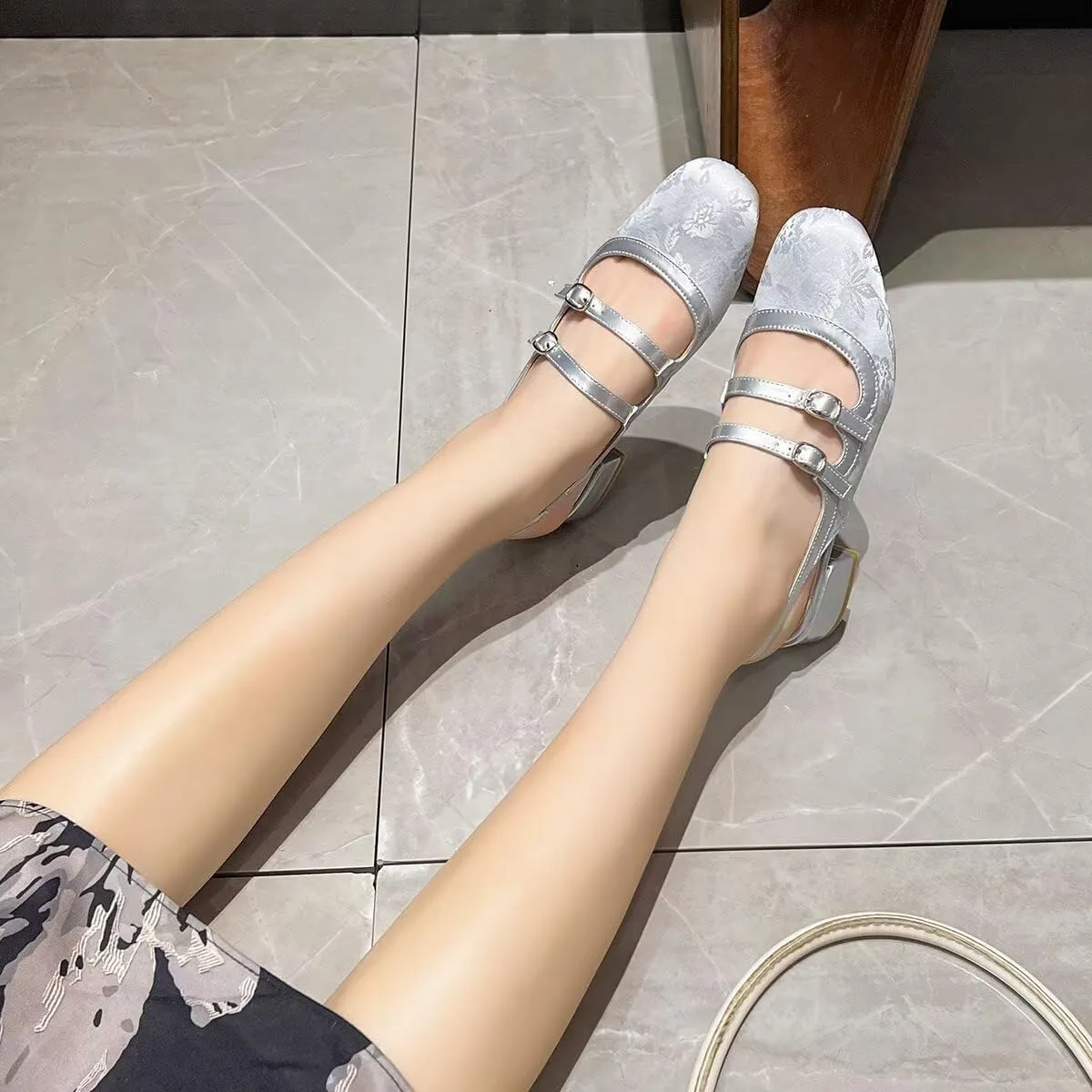 Hee grand Mary Jane Shoes for Women Closed Square Toe Ankle Buckles Chunky Heels Comfortable Low Block Heel Office Work Pumps Satin Embroidered Dress Shoes Slingback Sandals