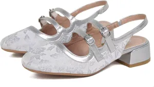 Hee grand Mary Jane Shoes for Women Closed Square Toe Ankle Buckles Chunky Heels Comfortable Low Block Heel Office Work Pumps Satin Embroidered Dress Shoes Slingback Sandals