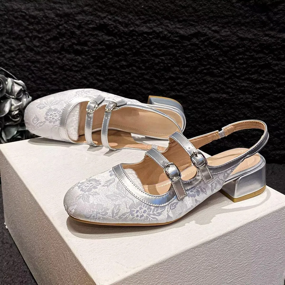 Hee grand Mary Jane Shoes for Women Closed Square Toe Ankle Buckles Chunky Heels Comfortable Low Block Heel Office Work Pumps Satin Embroidered Dress Shoes Slingback Sandals