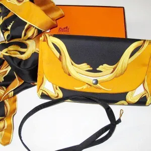 Hermes 1970s Print Silk Bag and Matching Scarf Etole by Henry D'Origny